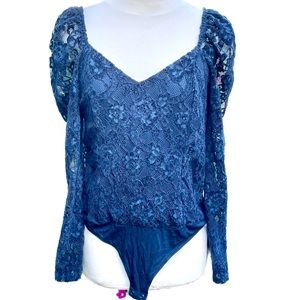 Express Lace Puff Sleeve Thong Bodysuit Blue Size Medium